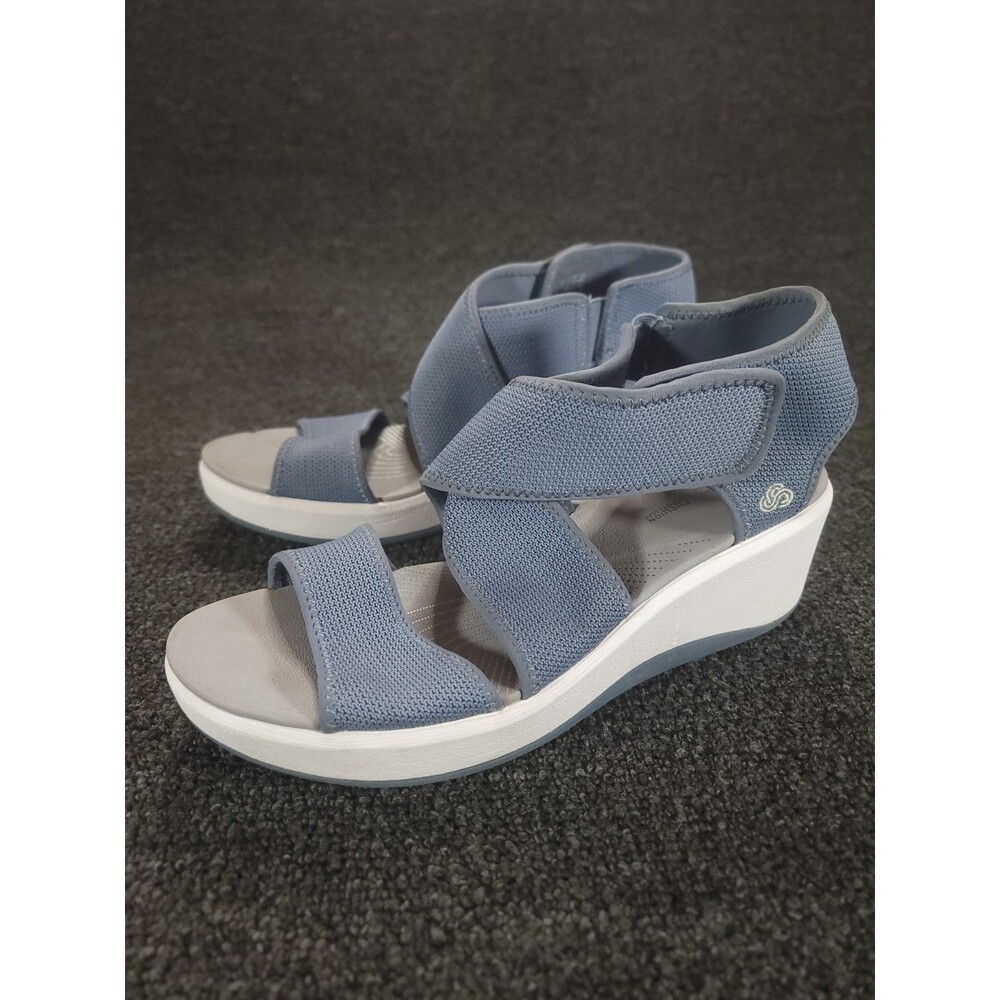 Clarks Step Cali Palm Wedge Sandals Womens Size 9 Blue Textile Ankle Strap Shoes